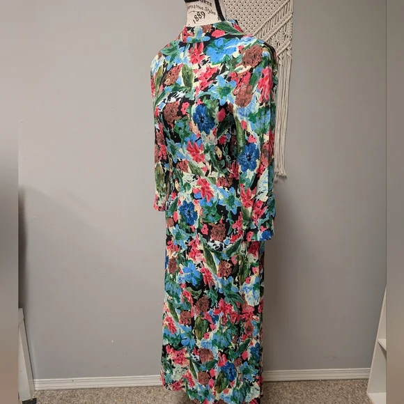 ZARA Floral Midi Dress Watercolor Small 3/4 Sleeve Bow Back Halter High Neck - Picture 3 of 5